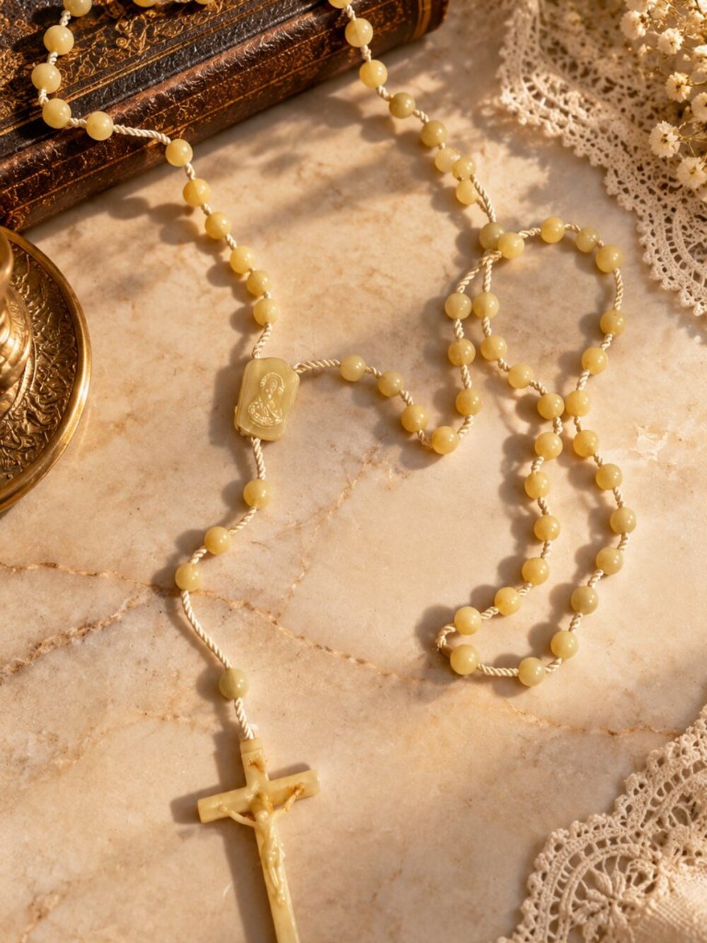 Vintage Cream Rosary Beads with Crucifix – Religious Prayer Necklace